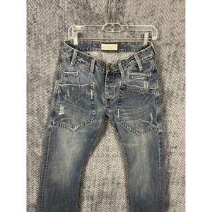 Leogutti Mens Jeans 31X32 Vintage Ice Wash Straight Multi Pocket Biker Tactical
